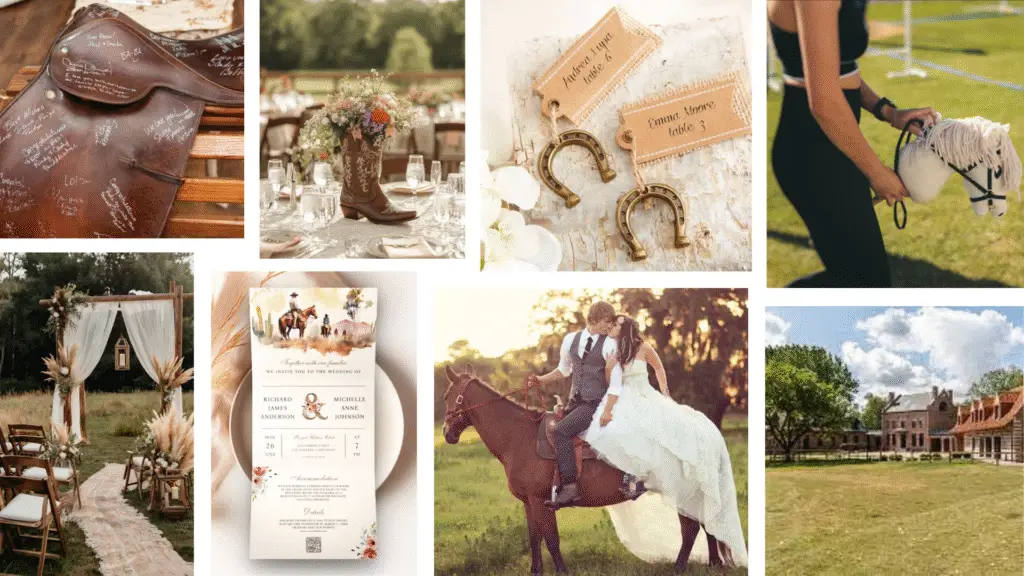 planche d'inspiration pour mariage sur le thème des chevaux et de l'équitation