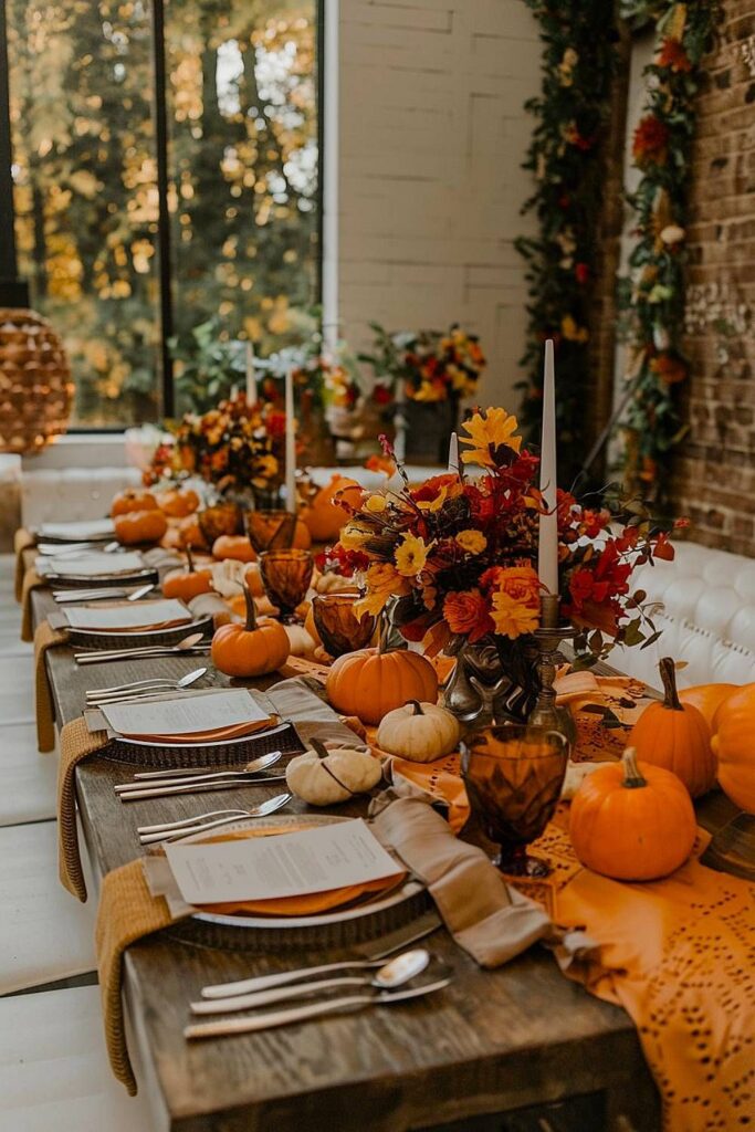 mariage d'automne avec citrouilles et feuilles mortes