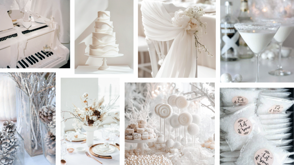 Planche d'inspiration pour mariage sur le thème blancheur hivernale